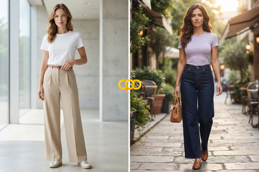 تیشرت با شلوار Wide Leg مدل داخل کردن کامل و صاف