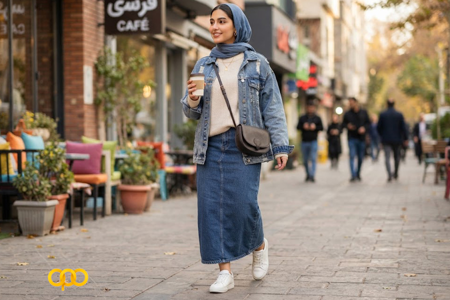 دامن جین ماکسی با پلیور و کت جین